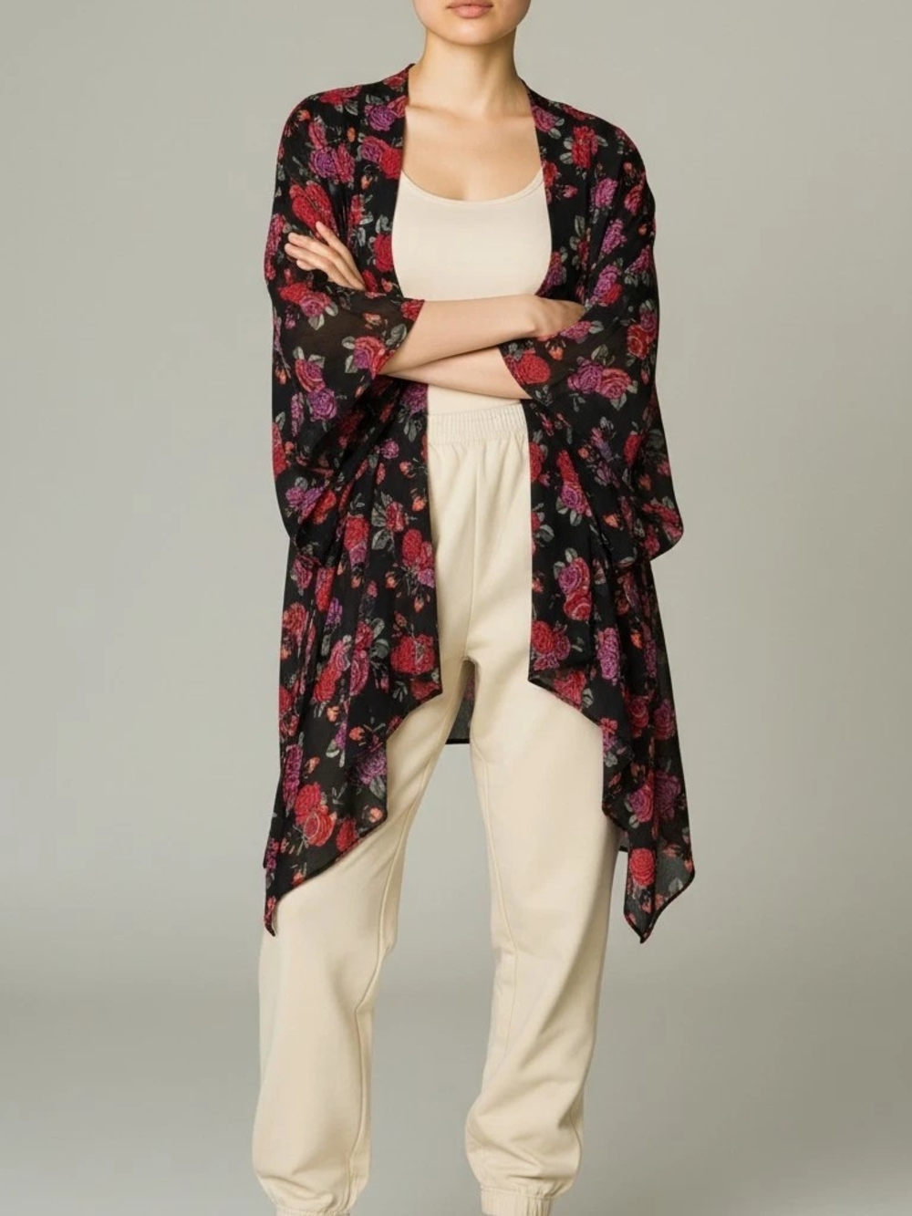 Patrons of Peace Black  Floral Kimono Wrap with Red & Pink Roses Oversized